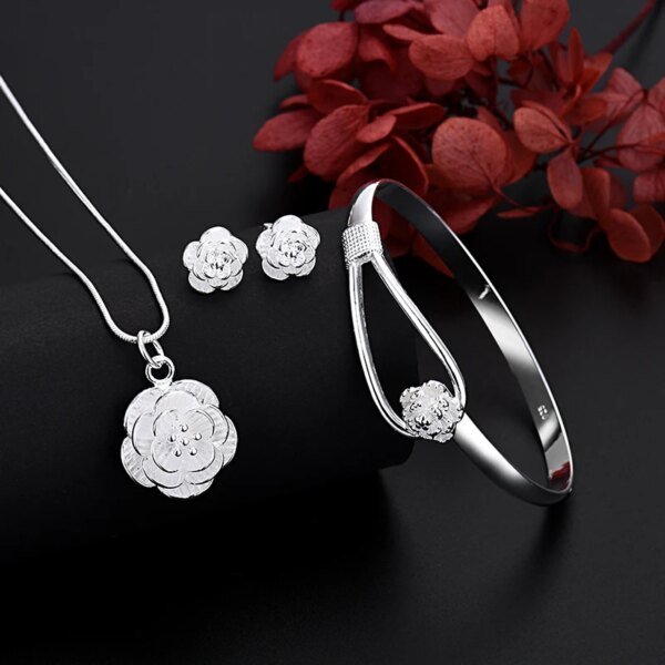 925 Sterling Silver Flower Charm Jewelry Set: Necklace, Earrings & Bracelet for Women Miscellaneous Trending Jewelry Accessories Deals Fashion Heart & Harmony Shine & Style Trending Now Women's Clothing & Accessories